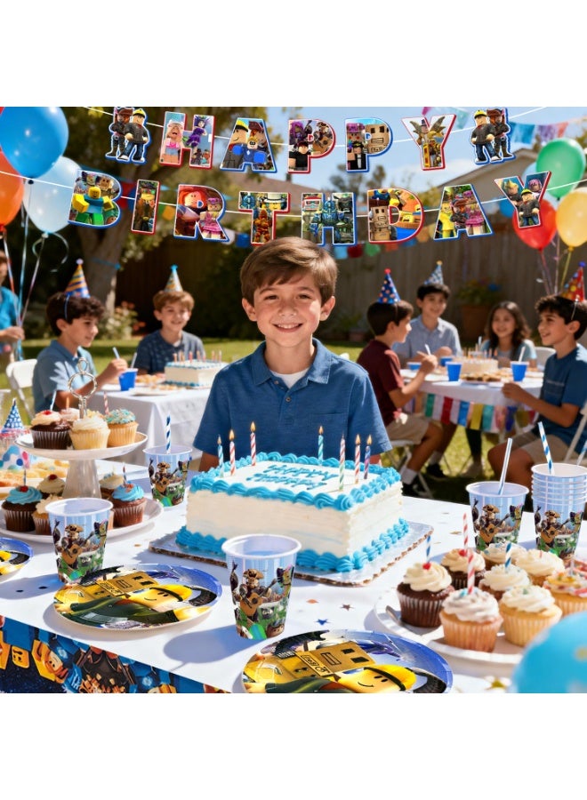 Roblox Birthday Party Decorations for 16 Guests, 114pcs Roblox Party Tableware Set Include Creative Gaming Tablecloth Banner Plates Napkins Cups for a Blocky, Roblox Party Decoration Supplies - Image 4